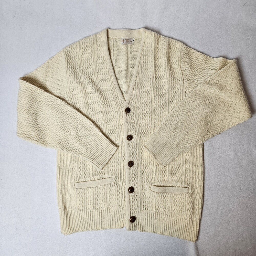 Vintage Andrew MacRae Cardigan Sweater Mens Medium Orlon Acrylic Cream Color